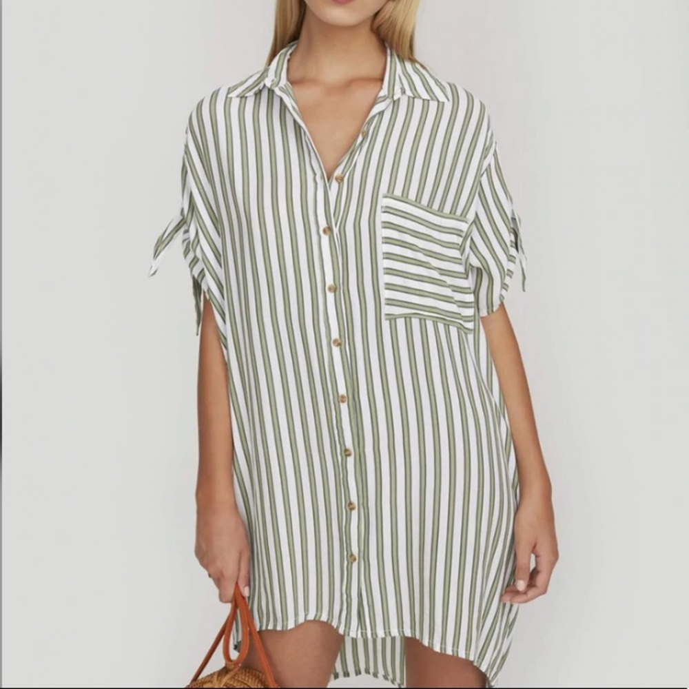 Faithfull the brand Porte green and white striped shirt dress